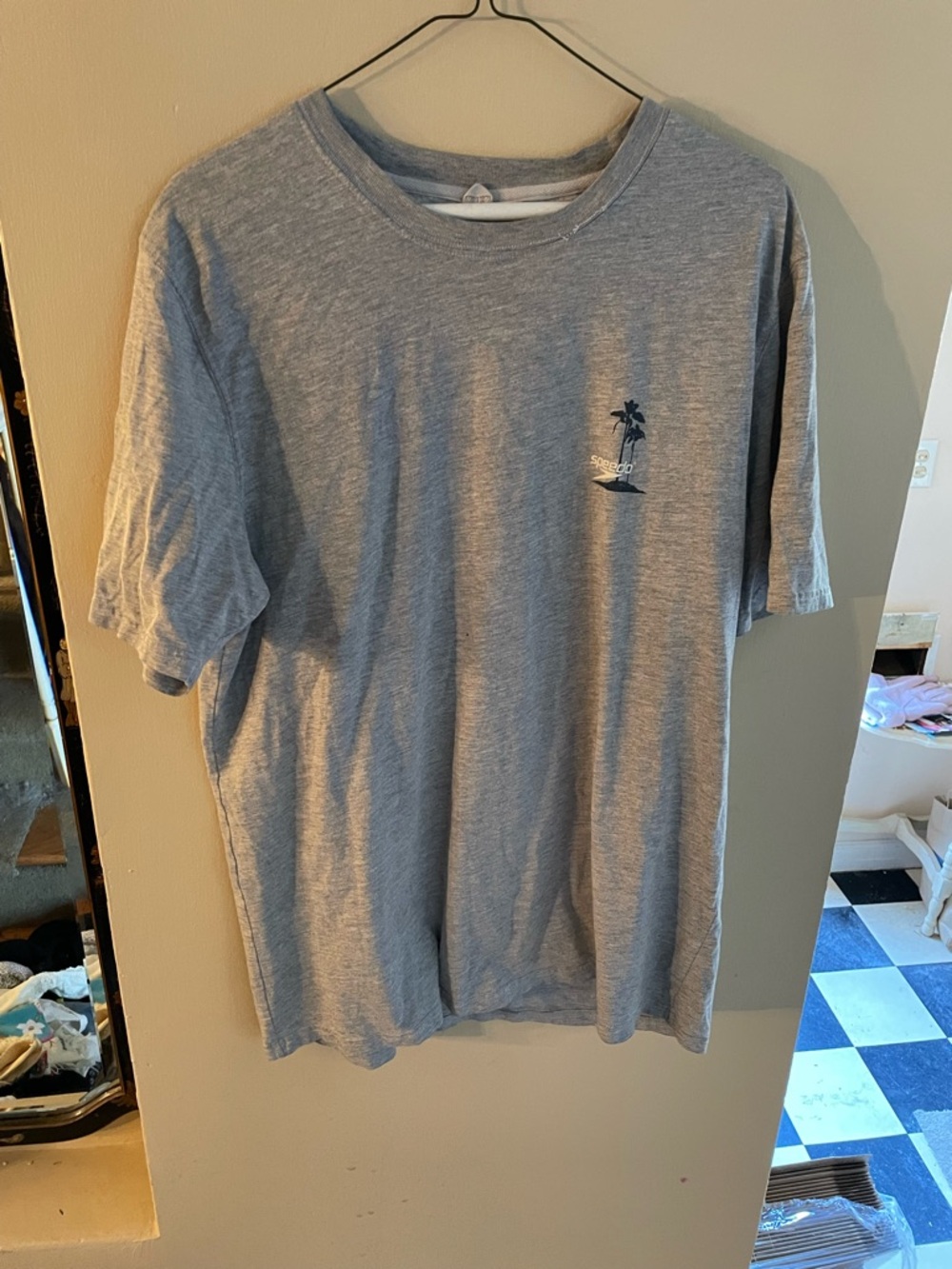 Vintage 90s Speedo gray Short sleeve tshirt with Palm Graphic and design on back